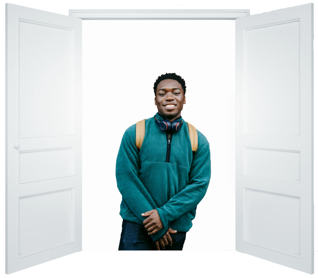 Young black man posing in blue sweatshirt and jeans smiling